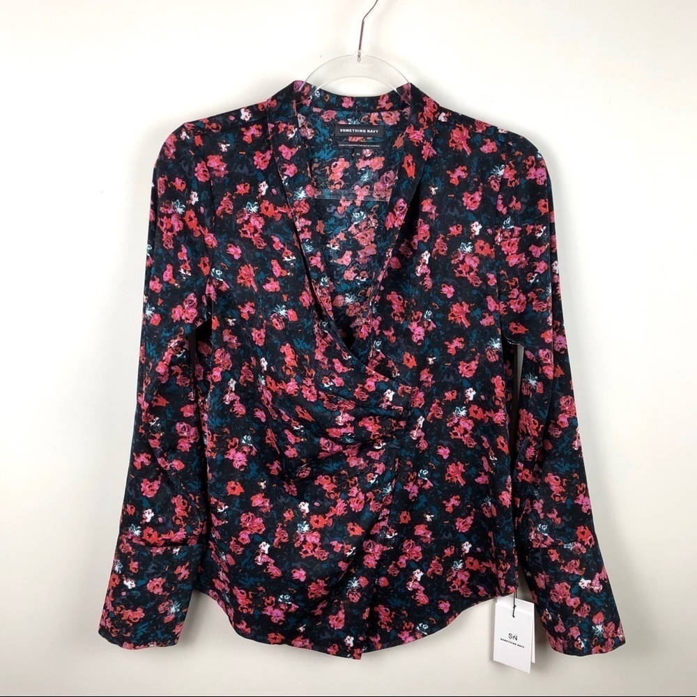 Something Navy Draped Front Top Rosebud Painterly